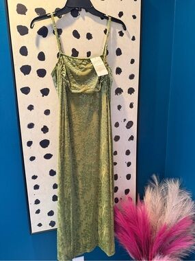 Olive Green Lace Midi Slip Dress with Spaghetti Straps